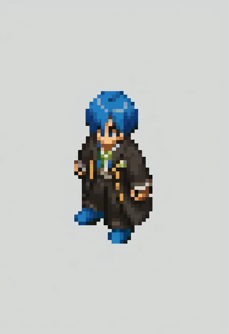 score_9, score_8_up, score_7_up, source_anime, BREAK, solo, 1boy, <lora:FFT-SpritesV2-pdxl_Fp:1>, looking at viewer, straight-on, full body, standing, solid oval eyes, no mouth, no nose, pixel art, from side, <lora:MakotoP3-pdxl_Fp:0.8>, makotop3, school uniform, gekkoukan high, blue hair, blue eyes, short hair, black jacket, hair over one eye, black pants, blue footwear, dress shirt,