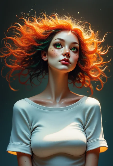 score_9, score_8_up, score_7_up, score_6_up, score_5_up, score_4_up, realistic, A close-up portrait of a young, freckled Irish woman with fiery red hair, styled in loose curls that frame her face. Her green eyes sparkle with mischief, and her lips are painted a soft, natural pink. She wears a simple, white blouse that contrasts beautifully with her vibrant hair. , backlight, cinematic photoshot <lora:ponys-dream:.9>