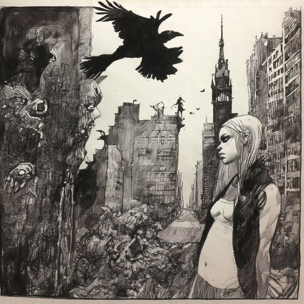 drawix20 girl and raven in city, very detailed, black ink <lora:drawix20:1>