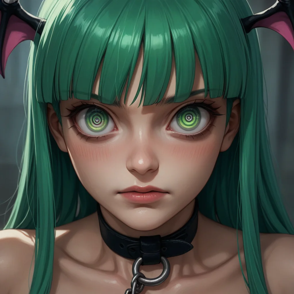 score_9, score_8_up, score_8, (source_anime), eyedetailxl, bettereyes, detailed_eyes, BREAK, Morrigan Aensland, restrained, bound wrists, blush, perfect face, 1woman, 22 years old, (bright_pupils), (ringed eyes), MorriganAe, hime_cut, emerald_green hair, green eyes, blunt bangs, close-up, focus on eyes, focus on face,