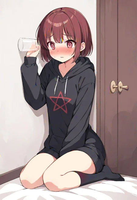 girl, chara, red eyes , dark brown short hair, ((masterpiece)), ((high quality)),best quality, (extremely detailed CG:1.2), Highres, 4K, 8K,big black hoodies, red pentagram on hoodie, black socks, Stick to the { wall | door }, eavesdrop, { Listen to the door | put one's ear to the door | Listen to the wall | put one's ear to the wall | Put a glass to one's ear and listen to the wall}, {|||| embarrassed, blush, @_@ | sitting, fog, nose blush, hands between legs, fidget }