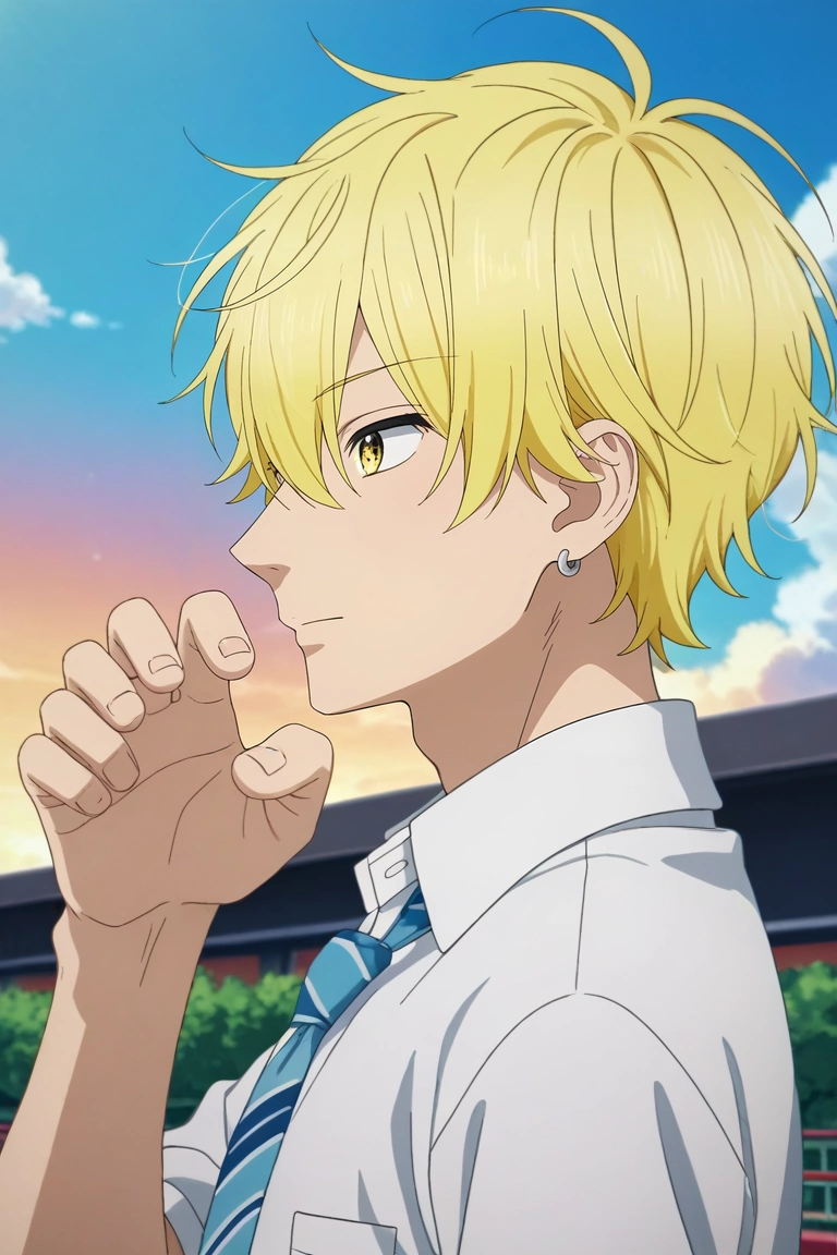 score_9, score_8_up, score_7_up, source_anime, rating_safe, , , , 1boy, solo, male focus, <lora:kai_miura_pony:0.92>, kai_miura, blonde hair, yellow eyes, short hair, bangs, hair between eyes, , white shirt, school uniform, necktie, , profile, las vegas, casino, day, clouds, paw pose, sparkling eyes, , <lora:sdxl_lightning_8step_lora:1>