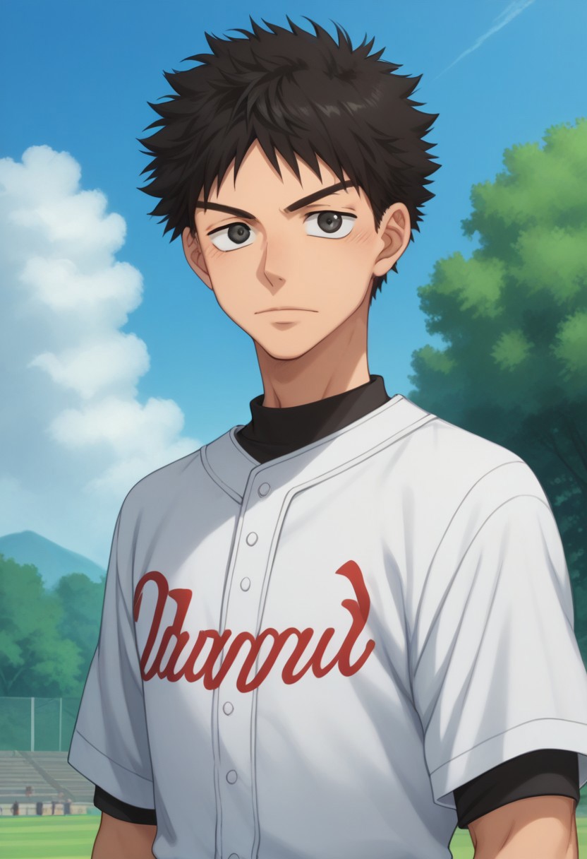 score_9, score_8_up, score_7_up, source_anime, highly detailed, 
takaya, 1boy, male focus, outdoors, solo, sky, black hair, day, cloud, sportswear,
baseball uniform, blue sky, upper body, tree, looking at viewer, black eyes,
spiked hair, shirt,