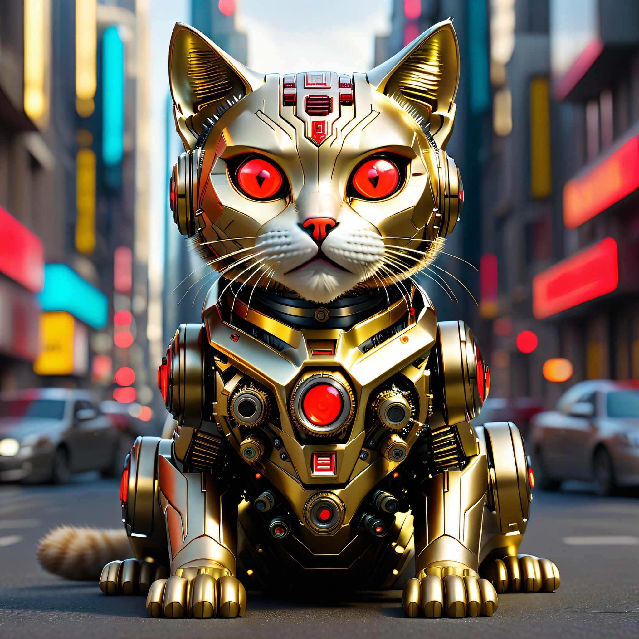 sitting hybrid full bio-mechanical cat with gold metallic fur and red glowing camera eyes in the streets in a futuristic mega city on a generation spacecraft