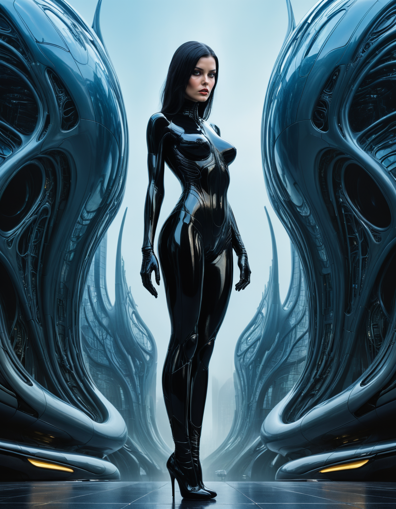 by Eyvind Earle and H. R. Giger, hyper realistic medium full shot photo of  a (famous model posing in front of a futuristic building:1.1),  (sad , crazy , masterful:1.4), poster art, bold lines, hyper detailed, award winning,  dark limited color palette, high contrast, depth of field, (intricate details, masterpiece, best quality:1.4)
catch light,  looking at viewer, dynamic pose, wide angle panoramic view,
<lora:add-detail-xl:0.5> <lora:xl_more_art-full_v1:0.5> <lora:looking_at_viewer:2>