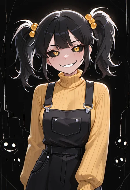 masterpiece, best quality, amazing quality, very aesthetic, absurdres, newest, detailed background, foreground blur, (( cartoon,  )),
cassidyfnaf, 1girl, twintails, black hair, hair ornament, long sleeves, yellow sweater, hair bobbles, turtleneck sweater, black overalls dress, medium breasts, 
head only, evil grin, evil smile, black background, black sclera, color distortion, lens distortion,