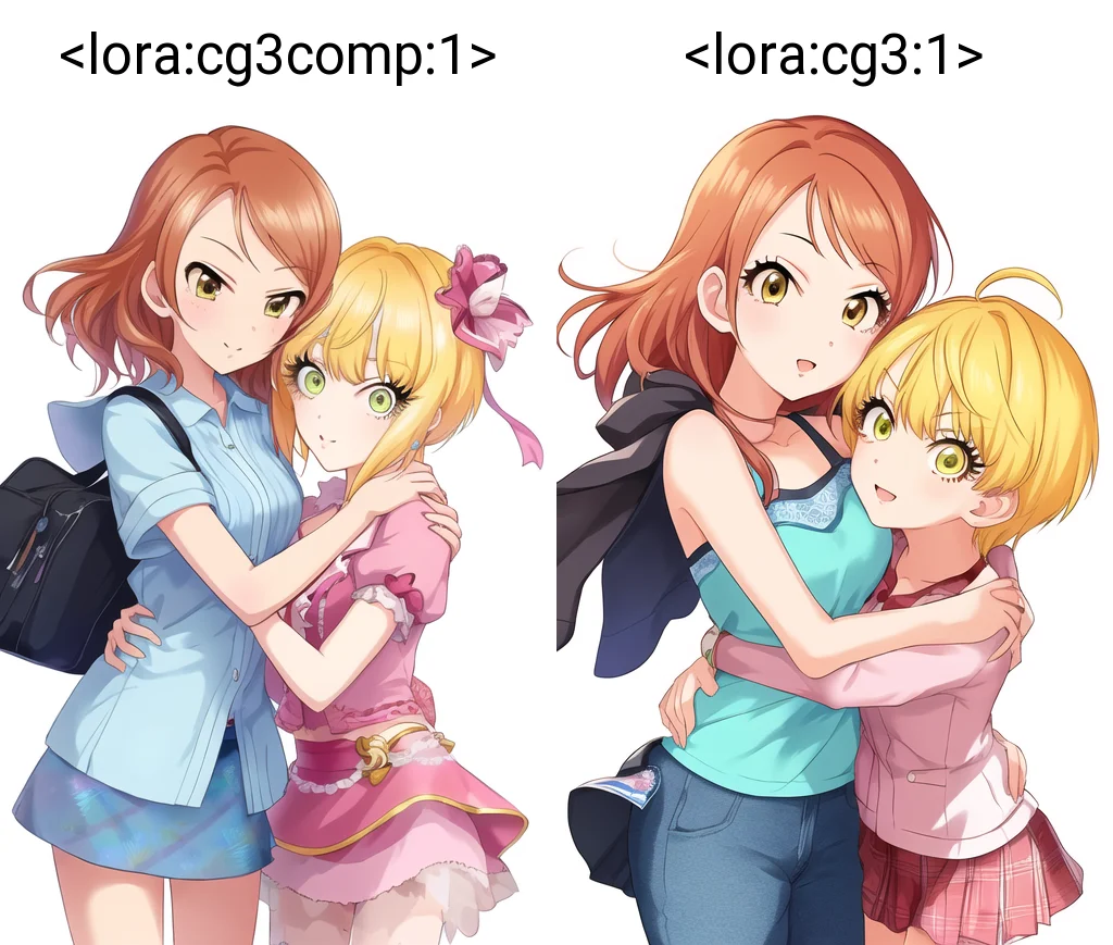 Hojo Karen / Miyamoto Frederica, 2girls, multiple girls, hugging, white background, simple background
<lora:cg3comp:1>