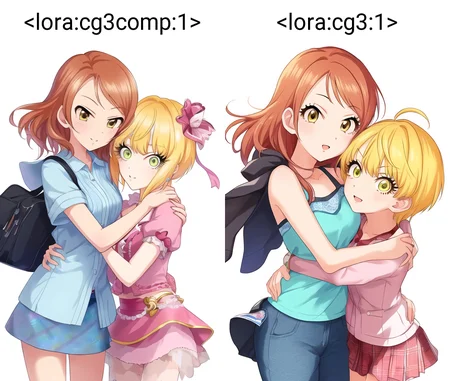 Hojo Karen / Miyamoto Frederica, 2girls, multiple girls, hugging, white background, simple background
<lora:cg3comp:1>