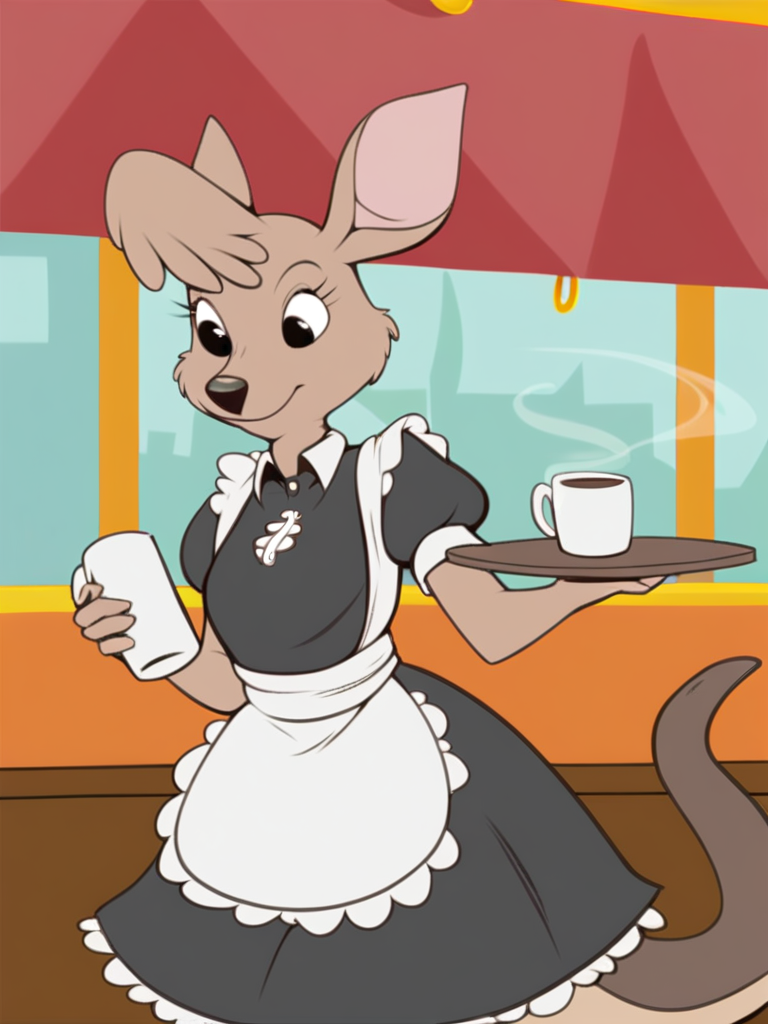 score_9, score_8_up, score_7_up, score_6_up, score_5_up, score_4_up, source_furry, Matilda_Roo, 1girl, solo, tail, two-tone fur, maid uniform, holding tray, mug, coffee, table, chairs, crowd, cafe, detailed eyes, detailed face, <lora:matilda_roo-v1:1>