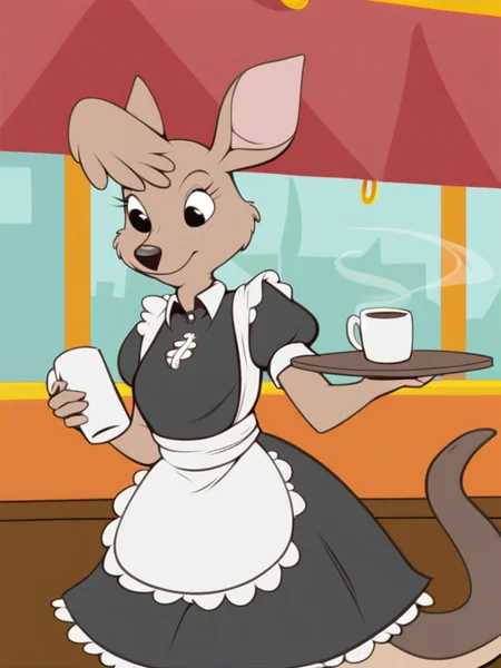 score_9, score_8_up, score_7_up, score_6_up, score_5_up, score_4_up, source_furry, Matilda_Roo, 1girl, solo, tail, two-tone fur, maid uniform, holding tray, mug, coffee, table, chairs, crowd, cafe, detailed eyes, detailed face, <lora:matilda_roo-v1:1>