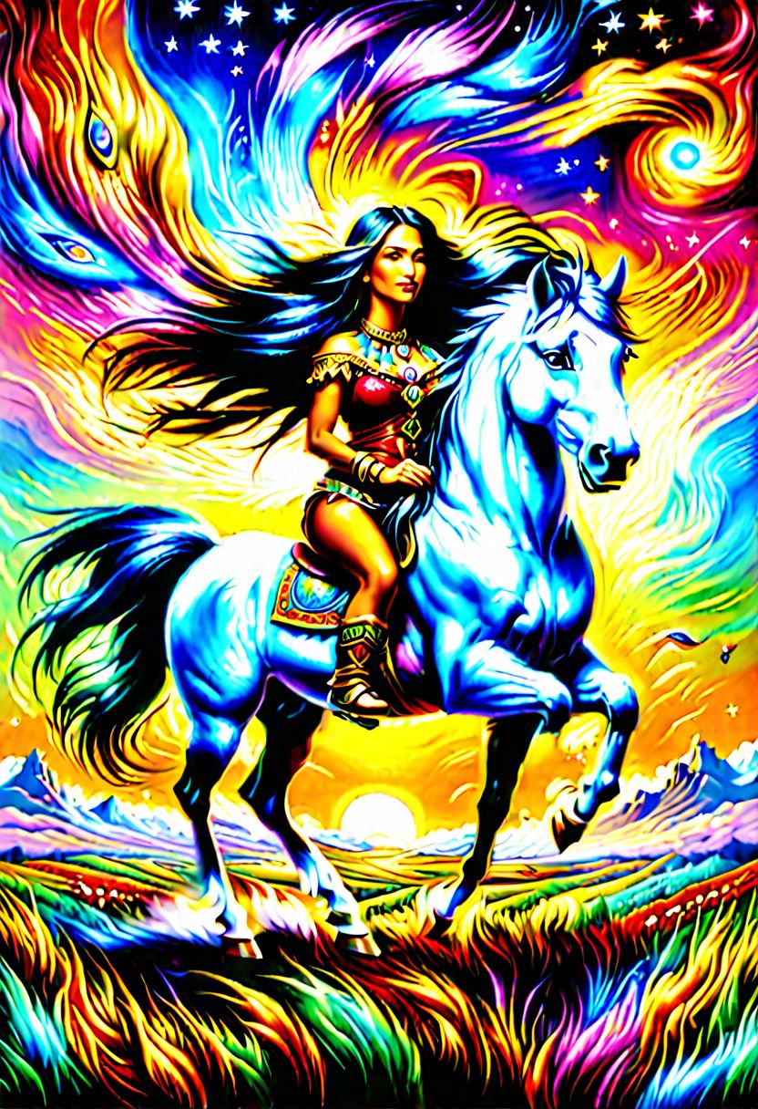 A masterpiece oil painting in the style of Lawrence Alma, depicting a very beautiful Indian woman with feathers in her hair and bright native ornaments, with a spear in her hands, riding a black horse with a long mane, galloping across the plain. The woman's hair and the horse's mane are fluttering in the wind, two beautiful white wolves with rather long hair are running with them, an eagle flies close above them and in line with them, the front view is a very beautiful landscape. And it is magnificent from the plains of America, a very beautiful sunset, bright and mesmerizing colors, untouched nature, a beautiful horizon with a large sunset in the background and several very small clouds against the background of a large orange sunset, 16:9 , without frame, 8k, a masterpiece,
Modifiers:
Nikon D850 is trending on Artstation, clear focus, elegant award-winning photography, complex oil portrait on 8k canvas, masterpiece photorealistic, very attractive, beautiful wallpaper, fantastic view, hyperrealistic, over-detailed, high resolution, clear quality, colorful hdr, very cute professional photo shoot, ultra-realistic, epic symmetry, bright colors, three-dimensional image without frame, academic art, high-octane rendering 16:9, Ultra-wide resolution 16K UHD. HDR perfect body proportions, delicate facial features, animals in motion, a powerful sense of feminine energy, small details in the animal's body, the effect of strong wind and very high speed Lawrence Alma sharp edge