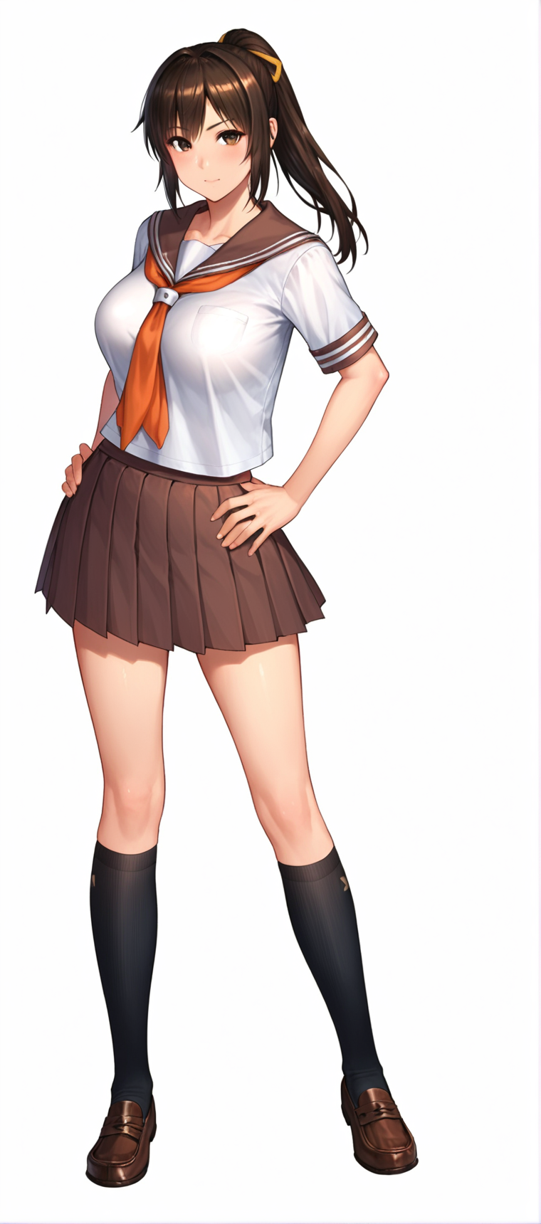 score_9, score_8_up, score_7_up, source_anime,1girl, 
 <lora:KiryuAoi-PonyV1:0.8>rpkaoi, large breasts, brown hair, brown eyes, hair ribbon, ponytail, 
solo, black legwear, brown footwear,  full body, hand on hip, hands on hips, kneehighs, loafers, looking at viewer, school uniform, serafuku, standing,