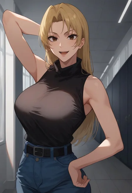 score_9, score_8_up, score_7_up, source_anime, uncensored, <lora:Viper_Risen-000014:1>, v1p3r1seV6, BREAK, 1girl, long hair, blonde hair, brown eyes, Yuki Tsukumo, sleeveless, sleeveless turtleneck, black shirt, denim jeans, black belt, big breasts, curvy, big ass, seductive smile, seductive eyes, smile, head tilt, open mouth, looking at viewer, solo, cowboy shot, dynamic pose, indoors, school, hallway, hand on hip, arm behind head,