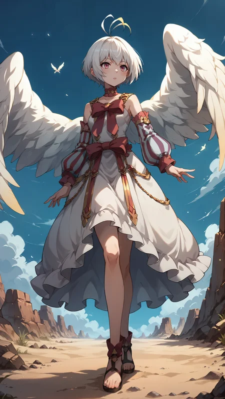 score_9,score_8_up,score_7_up,score_6_up, source_anime, zPDXL, girl, white hair, ahoge, antenna hair, pink eyes, white dress, long sleeves, bare shoulders, bow, frills, angel wings, striped sleeves, <lora:Wakfu_CartoonV02:0.5>, <lora:xl_more_art-full_v1:0.5>, <lora:Fitoria - Pony-000004:0.8>, (crossed ankles), desert, sand dunes, oasis, floating island, fantasy landscape,