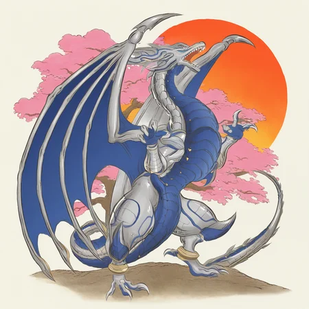 highres, best quality, masterpiece, very aesthetic, newest,solo,dorugoramon,standing,claw pose,wings, traditional media,full body,open mouth,teeth,dragon,sun,cherry blossoms,traditional media,ukiyo-e, outdoors, <lora:DorugoramonIllustrious:0.95>