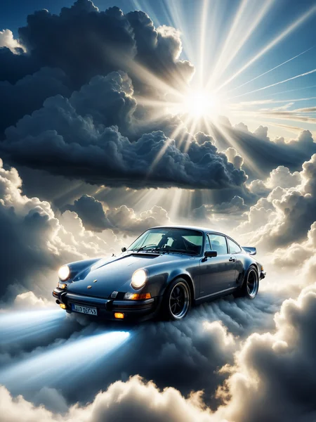 porsche 911, dense clouds, light rays, mad-abvthclds <lora:Above_the_Clouds_SDXL:0.6>, (masterpiece:1.2), best quality