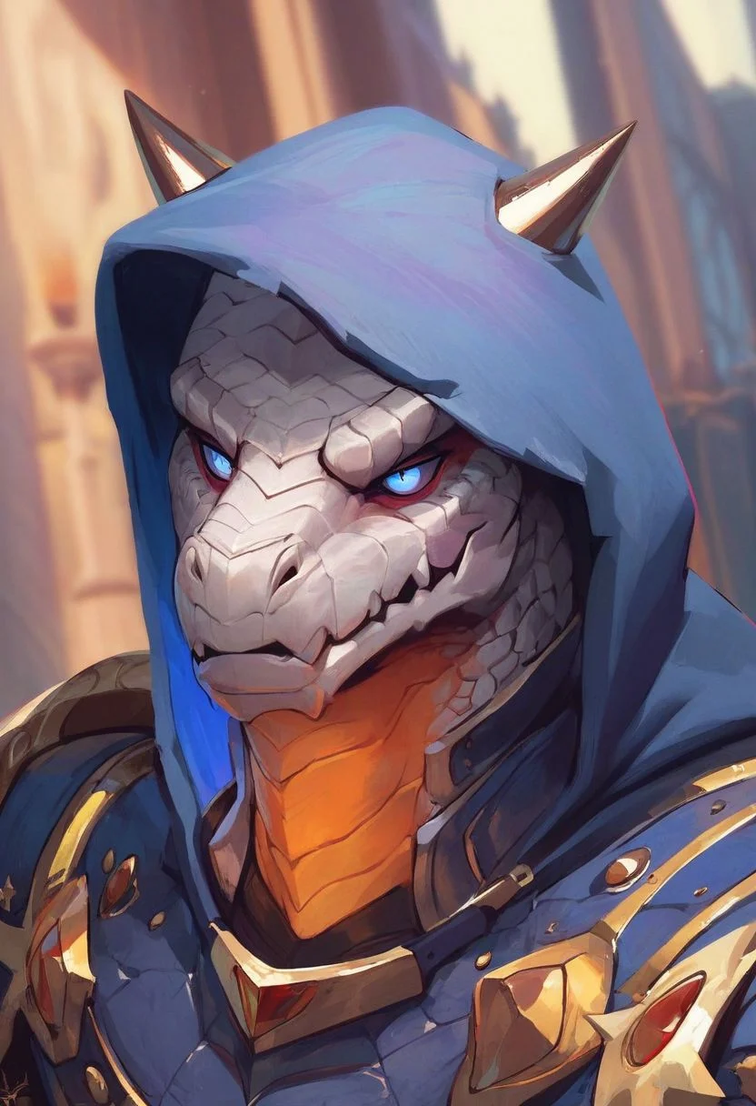 score_9, score_8_up, score_8, score_7, HD, male focus, solo, close up portrait, fantasy, castle in background, (dynamic lighting:1.1), ((masterpiece)), anthro, dragonborn, glossy silver scales, (slim male), short horns, sharp eyes, white and blue (hood), leather armor, breastplate