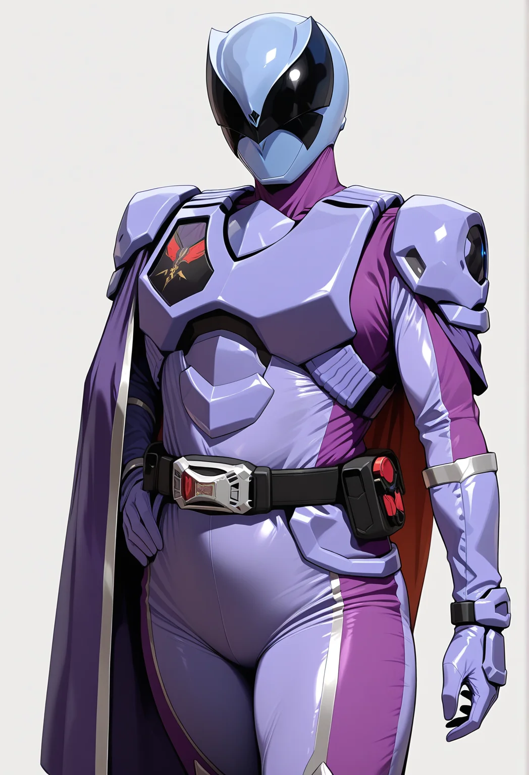 masterpiece, best quality, amazing quality, highres, absurdres, intricate detail, (kunaboto:0.4), (chamchami:0.4), 1girl, tokusatsu, papillon_ohger, purple helmet, helmet, stealth_visor, bodysuit, buckle, armor, gloves, silver trim, cape, gloves, side cape, cowboy_shot, simple background, white background, plain white background,