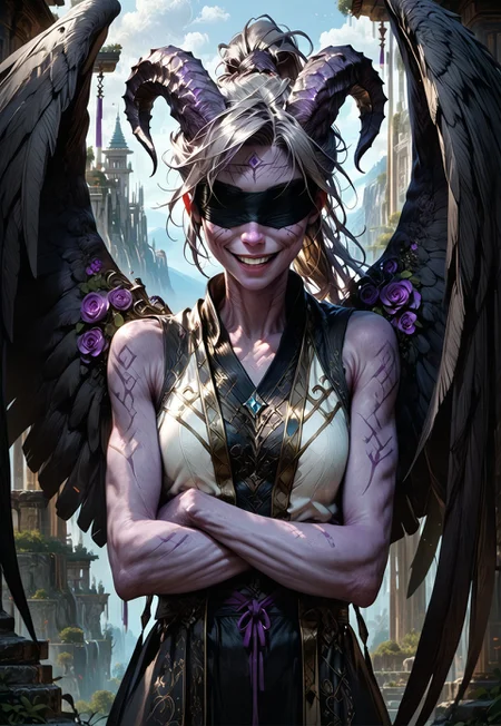 (absurdres, best quality, masterpiece:1.4),
score_9, score_8_up, score_7_up, score_6_up,
detailed,
detailed body,
detailed face,
(((smooth skin, unbroken skin, detailed skin))),
fantasy,
alone,
female,
tiefling,
h0rns,
ram horns,
black horns,
tall,
((((purple skin)))),
((long grey hair, ponytail)),
(((wingsd, black wings))),
crossed arms, arms across stomach,
soft smile,
(white robe, sleeveless,
blindfold, black cloth blindfold),
depth of field,
outdoors,
mountain temple,
upper body,
front view,