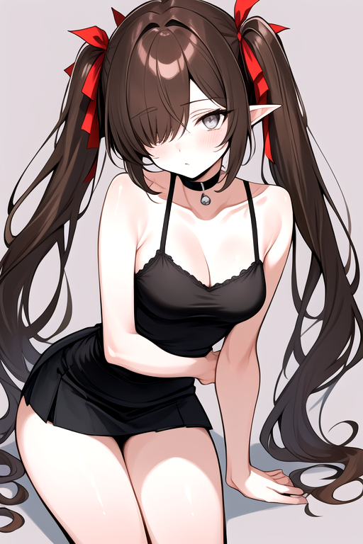masterpiece, best quality,  <lora:Kra_SD:0.8> k'ra, grey eyes, brown hair, twintails, red ribbons, black camisole, short black skirt