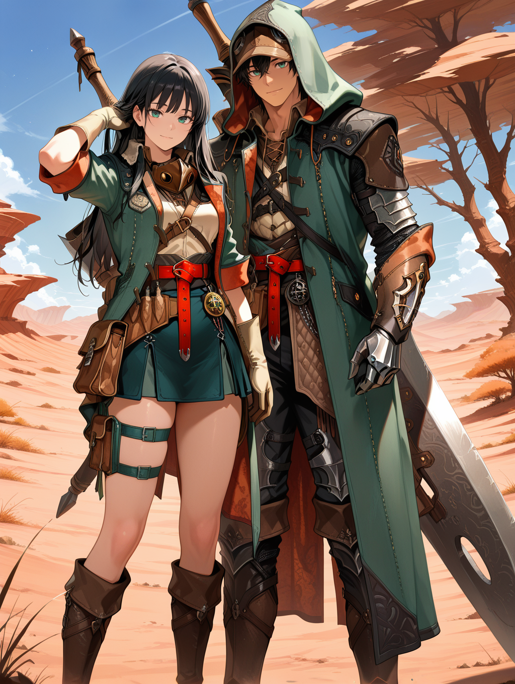 weapon on back,looking at viewer,standing,blue sky,1girl,1boy,nature,scenery,tree,wildness,desert, huge_sword
BREAK female hope armor,1girl,black hair,green eyes,closed mouth,light smile,brown mouth mask,green jacket,white shirt,brown gauntlets,green skirt,thigh strap,brown knee boots,red belt,brown pouch,huge_sword,adjusting hair,
BREAK 1boy,hope male armor,hood up,standing,looking at viewer,green coat,green hood,brown cap,brown knee boots,white pants,white shirt,red belt,brown pouch,white gloves,
masterpiece,best quality,amazing quality,very aesthetic,absurdres,newest,<lora:MHWilds hope armor illuXL v1:0.8>,