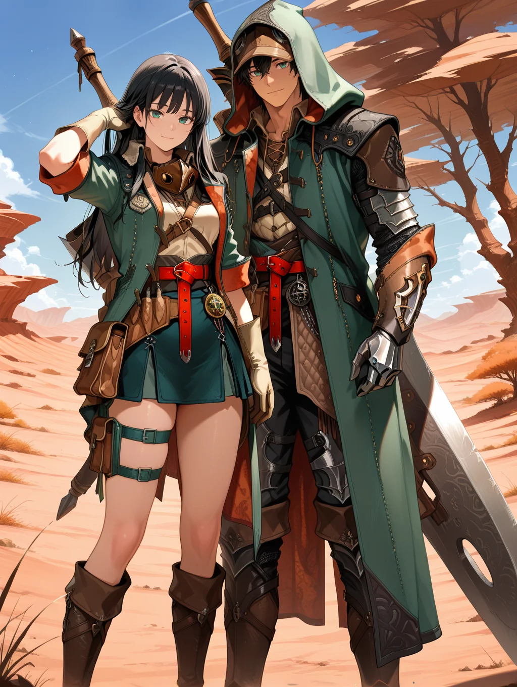 weapon on back,looking at viewer,standing,blue sky,1girl,1boy,nature,scenery,tree,wildness,desert, huge_sword
BREAK female hope armor,1girl,black hair,green eyes,closed mouth,light smile,brown mouth mask,green jacket,white shirt,brown gauntlets,green skirt,thigh strap,brown knee boots,red belt,brown pouch,huge_sword,adjusting hair,
BREAK 1boy,hope male armor,hood up,standing,looking at viewer,green coat,green hood,brown cap,brown knee boots,white pants,white shirt,red belt,brown pouch,white gloves,
masterpiece,best quality,amazing quality,very aesthetic,absurdres,newest,<lora:MHWilds hope armor illuXL v1:0.8>,