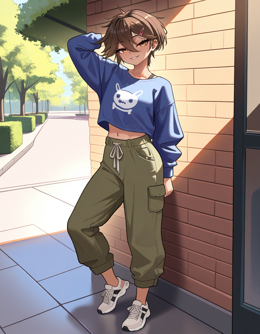 masterpiece, best quality, very aesthetic, absurdres,
outdoors, casual, 
full body, standing, posing, 
 seductive smile, parted lips, long eyelashes,
<lora:Sasha_v01_NAIXL:1>
S4sh4,1girl,solo,tomboy,short hair,brown hair,hairclip,hair between eyes,brown hair,bangs,