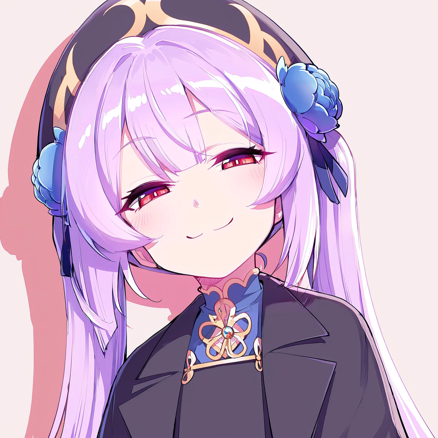 (masterpiece), (best quality), (ultra-detailed), (best illustration), (best shadow), (absurdres), (detailed background), (very aesthetic), 1girl, solo, <lora:Dong_Bai:1>, Dong Bai, red eyes, lavender hair, very long hair, black hat beret, twintails, blue hair flower, hair ornament, black capelet, black chinese clothes, close up shot, looking at viewer, smug