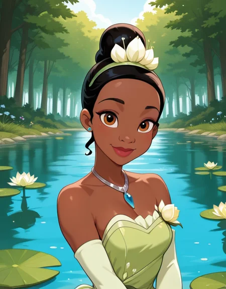 masterpiece, best quality, amazing quality, very aesthetic, absurdres, newest, detailed background, 4k, 8k, outdoors, official style, looking at viewer, pond, forest, flowers, lilypad,
tianaxd, 1girl, dress, solo, dark skin, dark-skinned female, gloves, brown eyes, jewelry, elbow gloves, necklace, flower, earrings, green dress, bare shoulders, smile, strapless, very dark skin, single hair bun, black hair,
<lora:Tiana_-_Disney_Illustrious:1>