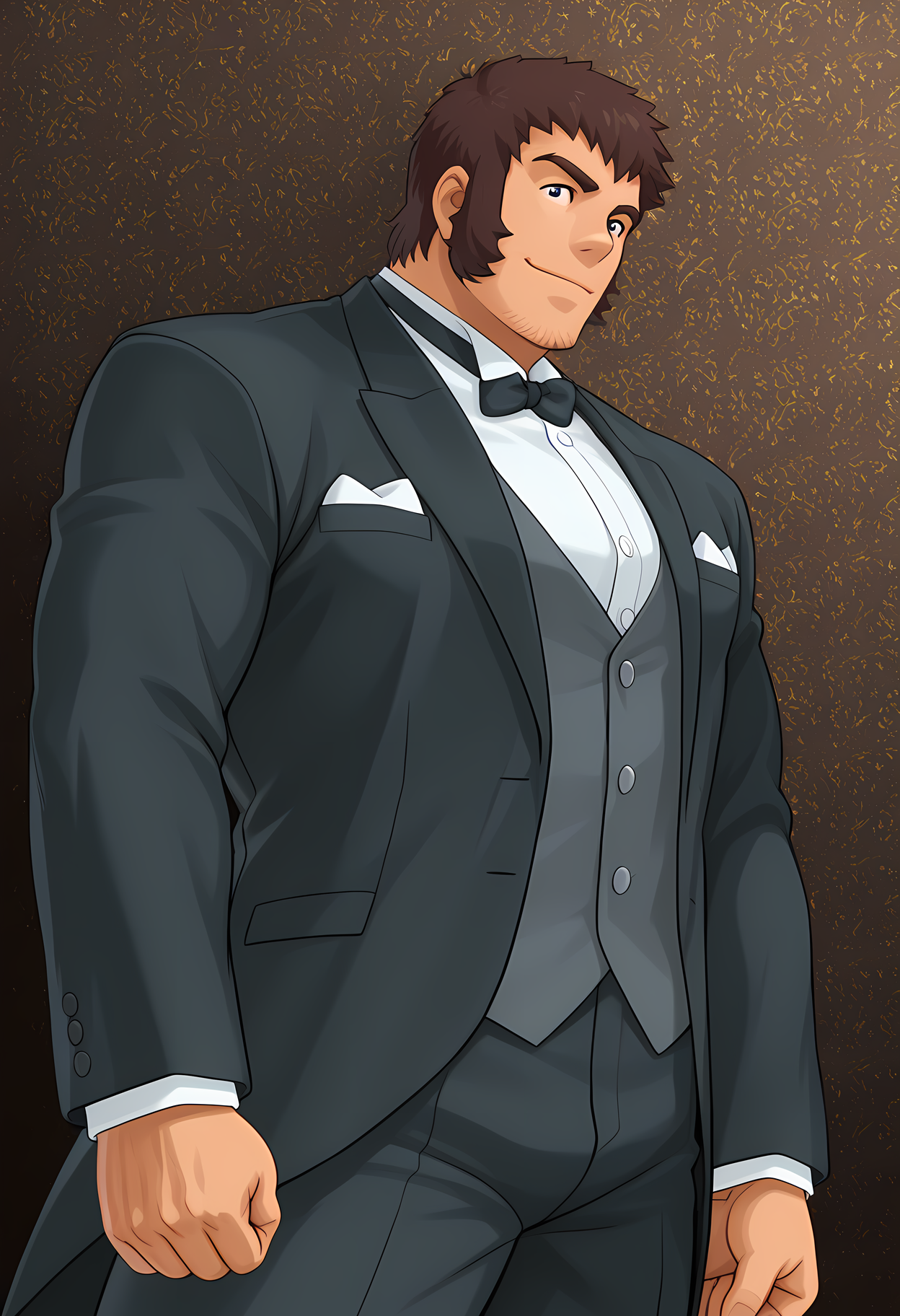 masterpiece, best quality, amazing quality, dutch angle, abstract background, BREAK
solo, male focus, 1boy, lb_juzoh, brown hair, short hair, sideburns, stubble, black eyes, bara, muscular male, tuxedo, formal, bow tie, BREAK
<lora:cfg_scale_boost:.6>   <lora:Juzoh_Kanzaki_-_The_Last_Blade_-_ILXL:1>