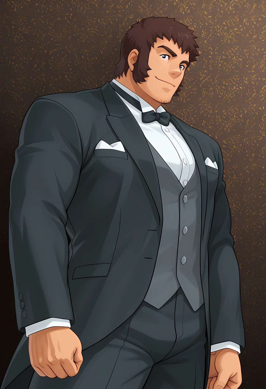 masterpiece, best quality, amazing quality, dutch angle, abstract background, BREAK
solo, male focus, 1boy, lb_juzoh, brown hair, short hair, sideburns, stubble, black eyes, bara, muscular male, tuxedo, formal, bow tie, BREAK
<lora:cfg_scale_boost:.6>   <lora:Juzoh_Kanzaki_-_The_Last_Blade_-_ILXL:1>