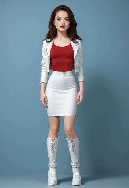 Expressiveh, red lipstick, long pony tail, (brunette 1.2), super long hair, Open white sports jacket,
Red blouse top, white leather high waist long pencil skirt, below knee skirt,
very high platforms boots, 9 inch heels,
small breasts, cute, adorable, innocent, petite, thin, Katie, highly detailed, perfect skin, freckles, playful look, standing facing camera, full body image,