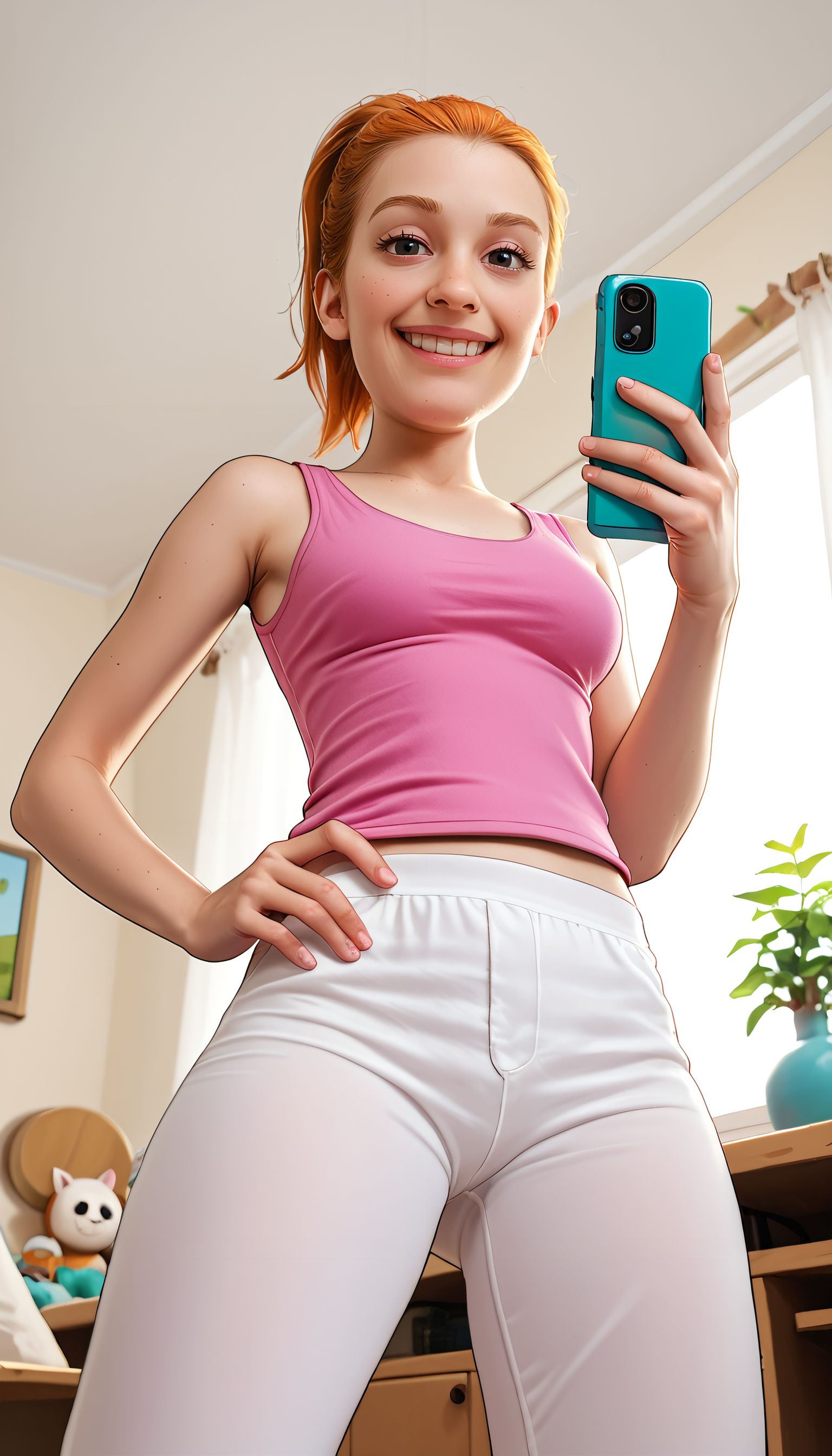 zPDXL3, <lora:frombelowv11_PONY:.8>,  from below, 
summer.smith, black eyes, orange hair, ponytail, medium breasts, pink tanktop, white pants, looking at viewer, smiling, standing, holding cell phone,  inside bedroom, soft lighting, <lora:SummerPony1.0:.8>