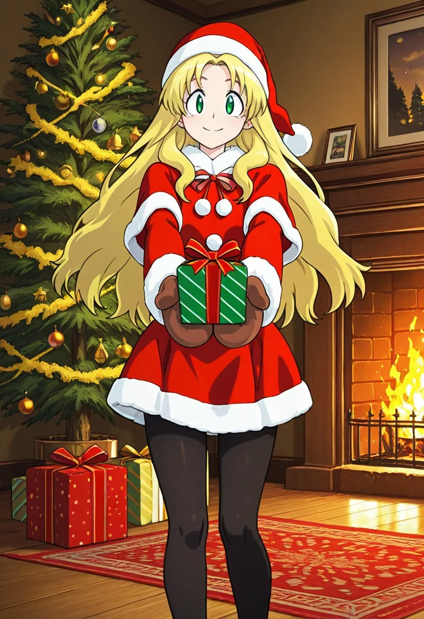 score_9,score_8_up,score_7_up,source_anime,5_figner,2d_animation,game cg,BREKE,1girl,solo,
Kalinka Xover,bangs,blonde hair,long hair,green eyes,
santa costume,santa hat,black pantyhose,gift,mittens,
front view,cowboy short,looking at viewer,
smile,
crystal tree,fireplace,carpet,curtain,Gothic,
masterpiece,best qualit,ultra-detailed,illustration,an extremely delicate and beautiful,beautiful detailed eyes,unity 8k wallpaper,high resolution,anime CG,official_art,