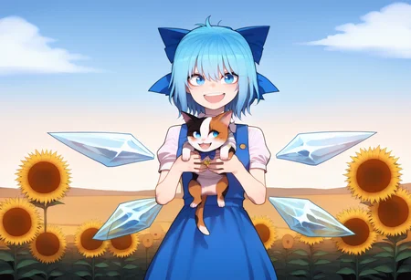 score_9, best quality, masterpiece, uncensored, source_anime
BREAK
1girl, solo, looking at viewer, blush, smile, short hair, open mouth, bangs, blue eyes, shirt, dress, bow, holding, hair between eyes, blue hair, standing, white shirt, flower, short sleeves, :d, hair bow, cowboy shot, outdoors, wings, sky, teeth, day, puffy sleeves, blue sky, puffy short sleeves, blue dress, animal, upper teeth only, blue bow, cat, ice, yellow flower, sunflower, pinafore dress, ice wings, field, holding animal, flower field, holding cat, cirno
<lora:merratatustle_pony_v6:1>