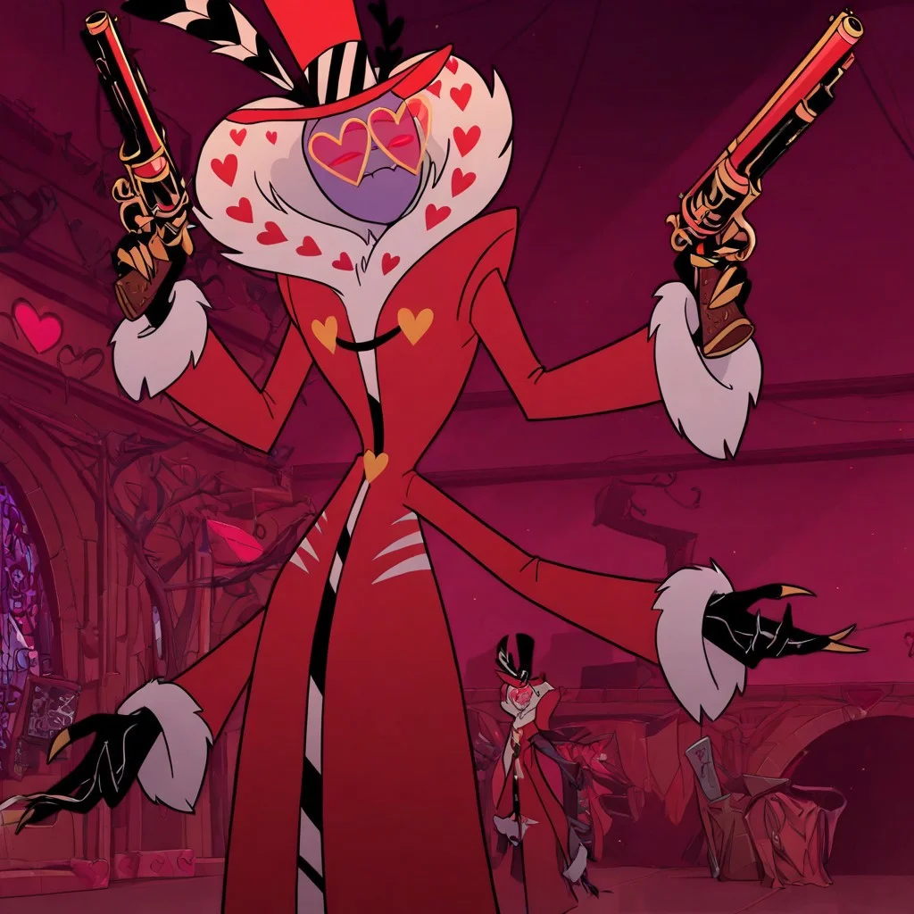 masterpiece, best quality, newest, absurdres, highres, HHStyle, 1boy, HHVal-V1.0, colored skin, Purple skin, Purple colored skin, demon boy, sharp fingerneils, HHVal-V1.0-base outfit, red coat, long coat, hat, red hat, glasses, heart shped glasses, fur-trimmed coat, fur-trimmed sleeves, fur collar, fur trim, top hat, gun, weapon, holding gun, holding weapon,