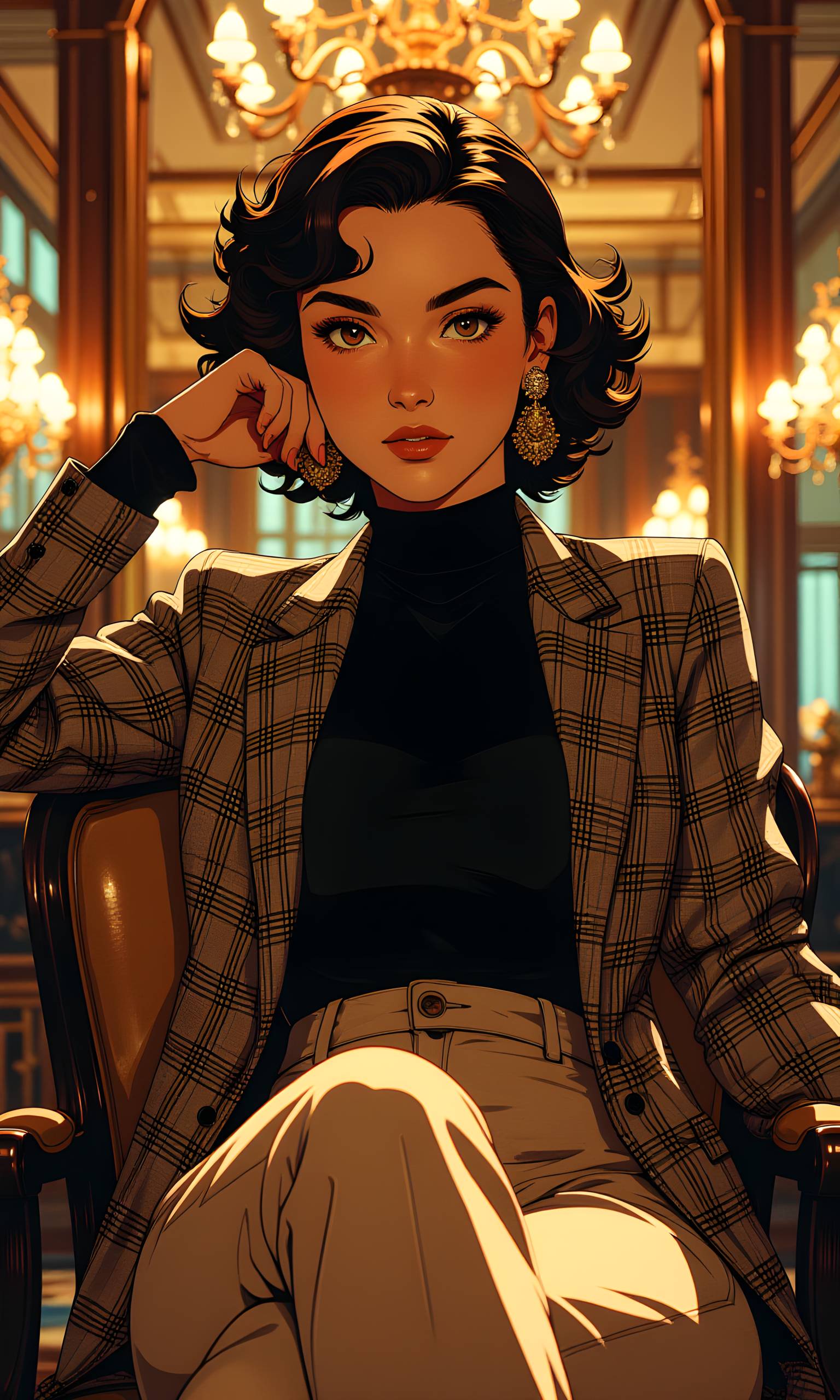 The subject is a woman with dark, curly hair styled in an elegant updo. She exudes a sophisticated and confident aura, sitting poised on a chair.
Her facial expression is composed and serene, with a slight hint of intensity in her gaze. Her eyes are focused, and her lips are closed, giving an air of calmness and poise. The soft lighting accentuates her features, adding to the overall elegance.
She is seated with one arm resting on the back of the chair and the other hand placed gently on her lap. Her posture is upright and graceful, conveying a sense of confidence and control. The way she sits suggests a moment of quiet contemplation or readiness.
She is wearing a black turtleneck sweater paired with a plaid blazer that has a classic checkered pattern. The blazer is tailored and fits well, enhancing her professional and stylish appearance. She also wears high-waisted, light-colored trousers that complement the outfit. Her large, ornate earrings add a touch of glamour and sophistication.
The camera is positioned at eye level, capturing the woman from a frontal perspective. This angle allows for a clear view of her face and upper body, emphasizing her pose and attire. The framing focuses on her, with the background serving as a complementary element.
The lighting in the image is warm and soft, likely from indoor sources such as chandeliers. The light highlights her features and the details of her clothing, creating gentle shadows that add depth and dimension. The interplay of light and shadow enhances the texture of the blazer and the smoothness of her skin.
The background features an opulent interior setting with ornate chandeliers and decorative elements. The reflections in the glass surfaces add a layer of complexity and richness to the scene. The blurred effect of the background helps keep the focus on the subject while still providing context.
The composition is balanced, with the woman centered in the frame. The chair and the background elements create strong vertical and horizontal lines, leading the viewer's eye towards the subject. The overall composition captures a moment of quiet elegance in a luxurious setting, with the subject's pose and expression drawing the viewer in.
BREAK anime, d13s3lp2nk, bboil artist style, OBdonman, Anime art, <lora:FLUX\Anime Art V3:0.2>, <lora:FLUX\Synesthesia:0.2>, <lora:FLUX\RetroAnimeS1.1:0.5>, <lora:FLUX\Flux-jijia:0.1>, <lora:FLUX\It's a LoRA for portraits, BUT! actually specialized in backgrounds. v1.0:0.1>, <lora:FLUX\GLSHS:0.2>, <lora:FLUX\Dieselpunk Delight - s0_9 g4:0.4>, <lora:FLUX\OBdonman, anime0style portrait:0.1>
