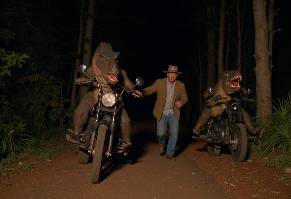 cinematic medium shot of two raptor dinosaurs riding motorcycles in a forest at night, a man is running along with them, wearing a fedora hat, flanel shirt and jeans, taken from a low angle, photorealistic, sharp focus, very detailed skin texture <lora:dinosaur_practical_fx-000025:1>