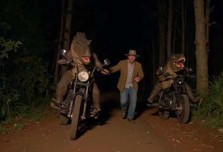 cinematic medium shot of two raptor dinosaurs riding motorcycles in a forest at night, a man is running along with them, wearing a fedora hat, flanel shirt and jeans, taken from a low angle, photorealistic, sharp focus, very detailed skin texture <lora:dinosaur_practical_fx-000025:1>