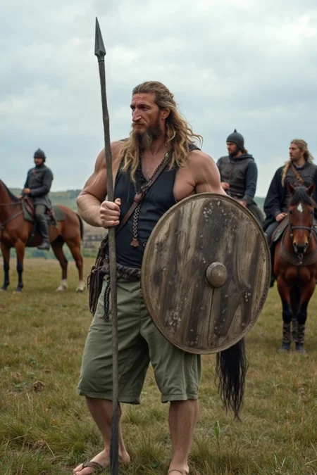 a cinematic (full body shot:1.2) of a Aric holding a (spear and a wooden round shield:1.1), wearing green beach shorts and a loose black tank top, long blonde hair wild and windy, big very long braided beard, rohirrim fort in background, plains, Rohan, middle-earth, (hkstyle:1.), rohirrim riders on horses, Lord of the Rings style, 8k, HDR, UHD, insane details, award-winning photo, Cinematic Hollywood Film style high detailed, (high budget Hollywood film:1.3),(cinematic film still portrait of ) 
ðï¸ [Inpainted with Loras]: Tank Top Stringer Shirt - Flux - v1, flux1-depth-dev-lora
ð¯<lora:flux\my\stringerflux\Tank Top Stringer Shirt - Flux - v1.safetensors:1.0:1.0>
<lora:flux\loratools\flux1-depth-dev-lora.safetensors:0.75:0.75>