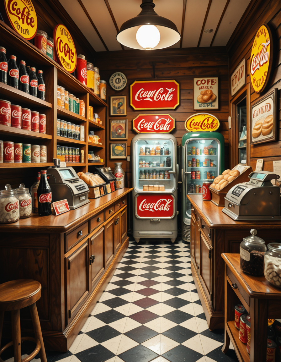 A vintage 1950s grocery store filled with nostalgic details. Wooden shelves neatly stocked with classic canned goods, glass soda bottles, and colorful retro packaging. An old-fashioned cash register sits on the wooden counter, next to a small scale for weighing produce. The checkered black-and-white tile floor adds to the mid-century charm, while hand-painted signs on the walls advertise milk, bread, and coffee in bold, retro fonts. A display of penny candy in glass jars sits near the entrance, and a vintage Coca-Cola refrigerator hums in the background. Soft, warm lighting casts a nostalgic glow over the scene, enhancing the rich textures of wood, glass, and metal, capturing the essence of a bygone era.
<lora:SDXLFaeTastic2400:0.4> <lora:extremely_detailed:0.4> extremely detailed
,1950s grocery st0r3, <lora:1950s_grocery_st0r3-i:1>, Masterpiece,best quality,hi res,8k,hi res,8k,award winning,(sharp focus, intricate, highly detailed),
