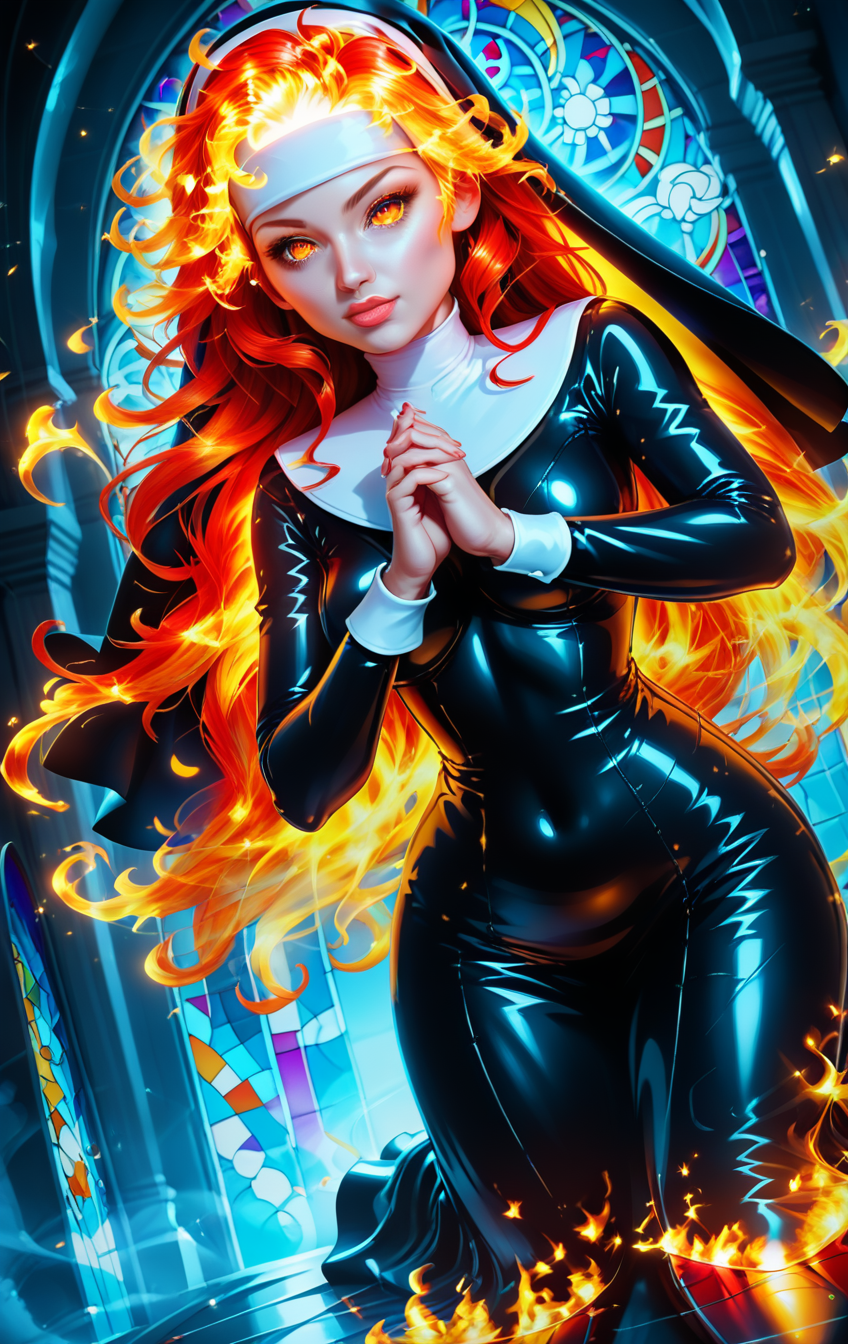 score_9, score_8_up, score_8, 1girl, kawaii face, cute, gorgeous:2, young looking, from above, (long hair:2), SFW:2, (nun leather suit:2), reflections:2,
brown eyes, glowing eyes, perfect eyes,
looking at viewer, stained glass, church, indoors, arch, (glowing  stained glass:2), holding hand in Praying, pray.
Masterpiece, 8k, highly detailed, Pulsating neon lights dance of holographic sprawled across the chrome, with fiery sunset hues,
detailed windows, medium close up, aerial:2,
100mm f/2.8 macro lens, photorealistic, pov, (puffy lips:1.7),
(masterpiece:1.8), (highest detailed:1.8),(angle:1.1), pov, perfectly lighted, (contrast), (saturated), (((sharp focus))), realistic,
glowing skin, full body glowing skin, glowing lips, fire glowing skin, (angle:2),
full body glowing skin, glowing lips, fire glowing skin, (fiery hair:2), glowing lightning, (glowing hair:2), (dynamic pose:2), (angle:2),
<lora:add-detail-xl:2>
<lora:glowneon_xl_v1:2>