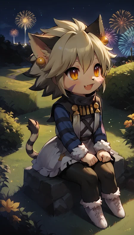 score_9, score_8_up, score_7_up, source_anime
BREAK
<lora:ElhPDXL:1> <lora:Anime Summer Night Style SDXL_LoRA_Pony Diffusion V6 XL:1> elh, 1girl, solo, furry female, cat girl, full body, from side, sitting, looking up, smile, open mouth, fang, happy, (chibi:1.2), cute, red eyes, orange eyes, body fur, elhattire, fur trim, black pants, white boots, cat ears, white hair, short hair, shiny hair, earrings, facial mark, animal nose, striped tail, striped sleeves, outdoors, grass, tree, horizon, very wide shot, dark theme, low light, night, fireworks, illumination