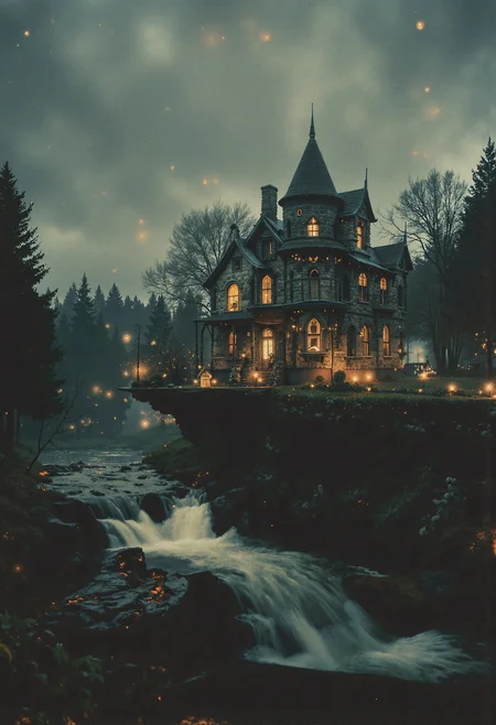 cinematic photo . cute multi-story witch's house on a plateau, surrounded by a magical river. magic is in the air, glowing fish, fireflies, magical forest in the background. <lora:flux.1_lora_flyway_Epic-Characters_v1.safetensors:0.5>, <lora:Magic_of_Art_(FLUX).safetensors:0.5>, <lora:NotTheRealWorld-v55-000010.safetensors:0.25>, <lora:Movie_Portrait.safetensors:0.8>, <lora:- Flux1 - soothing_atmo_V2.0.safetensors:0.4>, <lora:lith_mimosa_kiel_grw134_FLUX.safetensors:0.7>, <lora:n30nfilm.safetensors:0.85>, . 35mm photograph, film, bokeh, professional, 4k, highly detailed