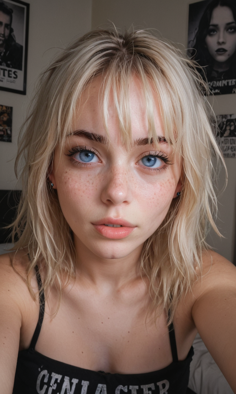 4k selfie with a excited expression, goth girl, deep focus, split-diopter lens, focus on her eyes, cluttered bedroom, posters on walls, warm lighting, long shaggy blonde, bangs between eyes, dark blue eyes, freckles, blush, natural lips, natural eyes, messy hair, black eyebrows, piercings, taking a selfie, bent forward,