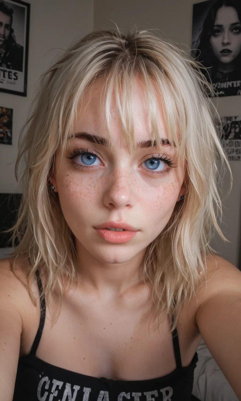 4k selfie with a excited expression, goth girl, deep focus, split-diopter lens, focus on her eyes, cluttered bedroom, posters on walls, warm lighting, long shaggy blonde, bangs between eyes, dark blue eyes, freckles, blush, natural lips, natural eyes, messy hair, black eyebrows, piercings, taking a selfie, bent forward,