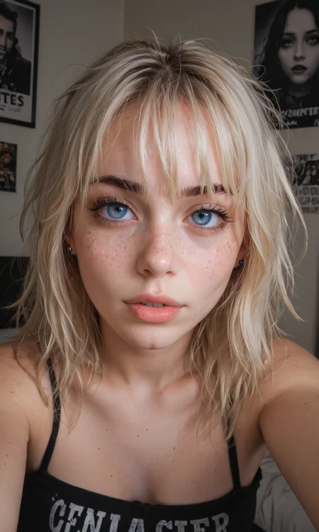 4k selfie with a excited expression, goth girl, deep focus, split-diopter lens, focus on her eyes, cluttered bedroom, posters on walls, warm lighting, long shaggy blonde, bangs between eyes, dark blue eyes, freckles, blush, natural lips, natural eyes, messy hair, black eyebrows, piercings, taking a selfie, bent forward,