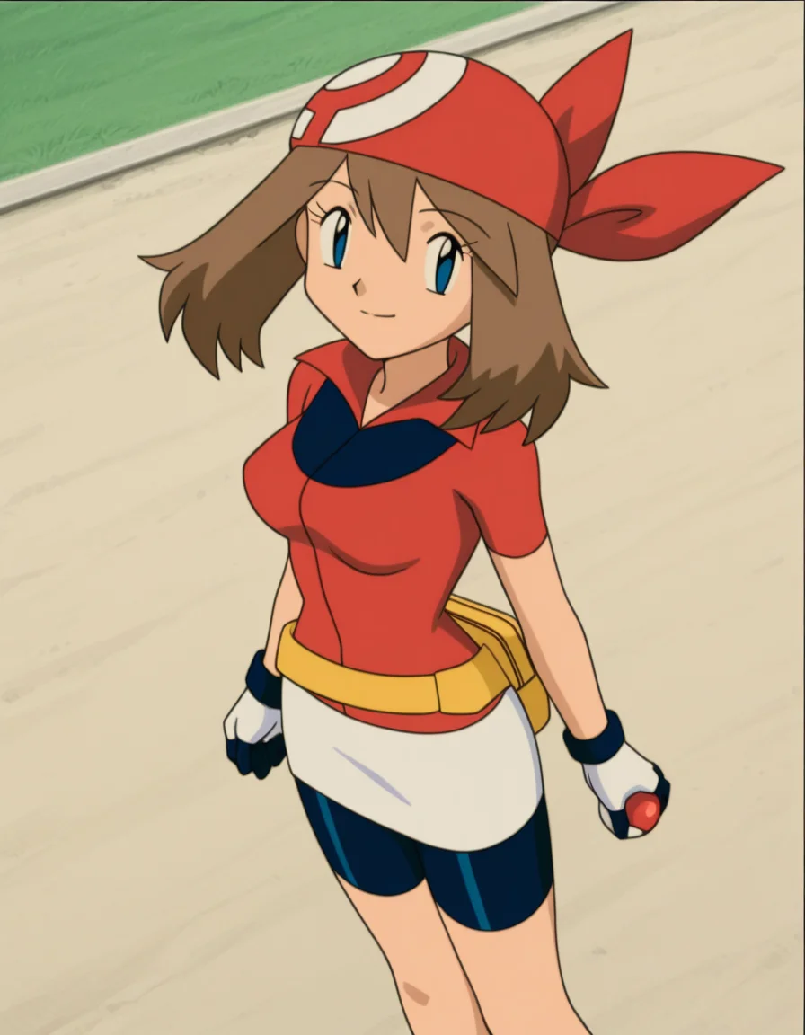 official style,may (pokemon), pokemon (anime), 2000s,brown hair, blue eyes, red bandana, red shirt, short sleeves, gloves, white pouch, white skirt, short skirt, pencil skirt, bike shorts,(((solo))),(holding poke ball:1.5),(standing:1.5),
explicit,(anime screencap), 2d cel anime,anime cap,anime,anime style,anime cel,cell shadedsoft brightness,perfect face,perfect nose, perfect hair, perfect eyes,perfect female body,perfect skin,a face of perfect proportion,perfect lighting,perfect anatomy,perfect proportion,perfect hands,perfect legs,perfect fingers,masterpiece,hair between eyes,
breasts,
perky breasts,best quality,very aesthetic,absurdres,16k,intricate detail,amazing quality,(bold:3.12),thick outline,black outline,harsh lines,soft lines,deluster,boldline,curvy,(anime coloring:1.2), smile,slim,Stadium,,day,coliseum,(pink:-1),
looking at viewer,
(from above:2.5),
super fine illustration,detailed linework,vibrant colors,kawaii,flat color,outdoors,  <lora:ãã±ããã¢ã³ã¹ã¿ã¼ãã«ã«åå ´çã¢ãã¡ä½ç»é¢¨illustriousV1.1PokemonMayMOVIE_ANIME_StyleillustriousV.1.1:1:0.8>