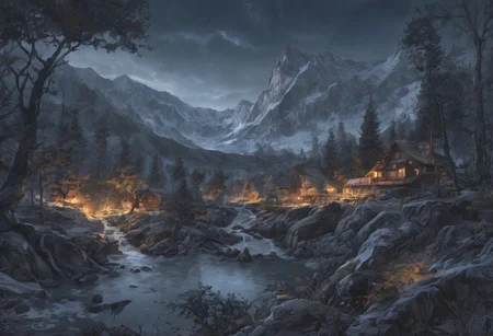 Beautiful outdoor, nature, no humans, mountain, dark twilight, forest, masterpiece, sharp focus, photorealistic rendering, extremely detailed description, <lora:zavy-mthcl-sdxl:0.5> <lora:Detailed_notrigger:1> <lora:Wildcard-Detail_Enhancer:1>