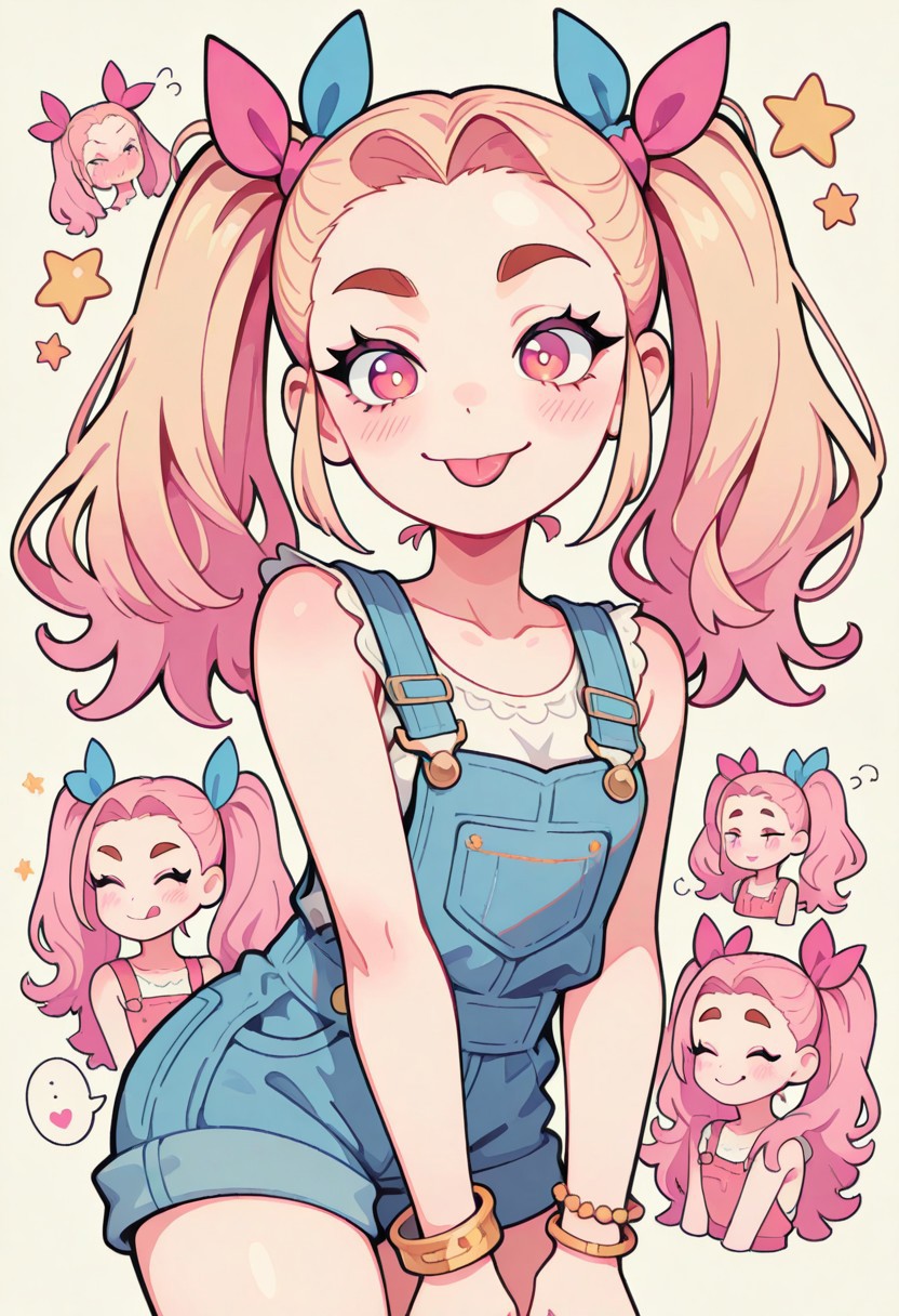 1 girl , solo , blushing , tongue out , closed mouth , bratty smile , thick eyebrow , eyelashes , cute , twintails , winking , star , sleeveless , bracelet , overalls , ribbon , hair ribbon ,
masterpiece, best quality ,amazing quality ,S4bit4mago_illu , Protoneon  ,s0wasow4rt_illu, t1m3r